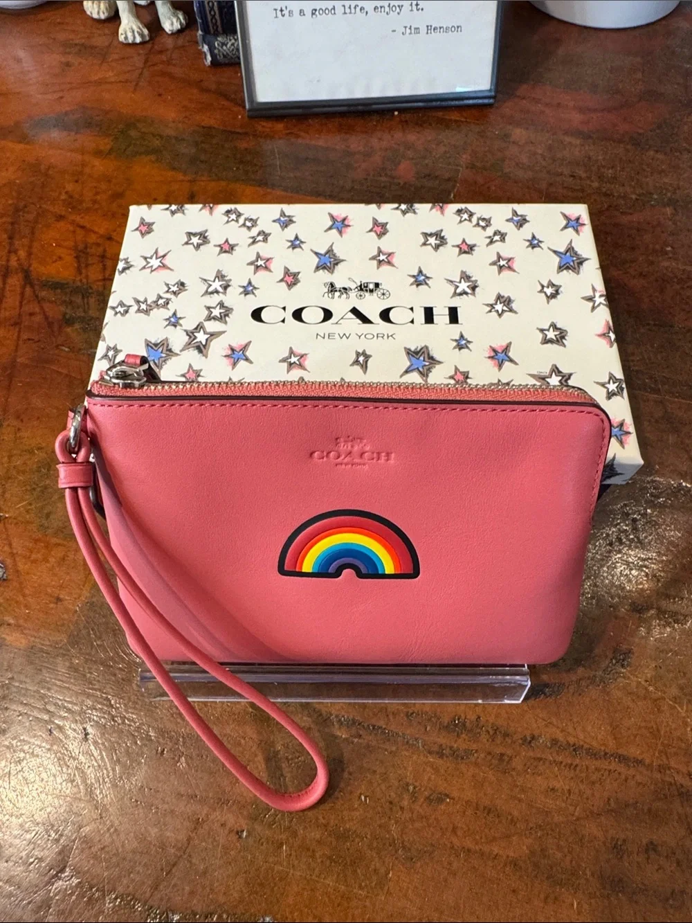 Coach Pink Leather Wristlet with Rainbow Patch